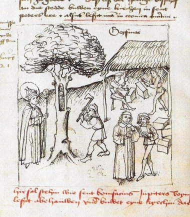 Bonifatius lässt die heidnische Donar-Eiche bei Geismar fällen. Abb. 16 in "Wigand Gerstenberg von Frankenberg (1457-1522)". Die Bilder aus seinen Chroniken, Marburg 2007