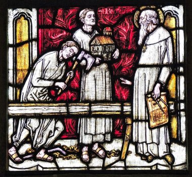 Sockelbild aus dem Bonifatiusfenster in der Basilika St. Peter in Fritzlar (Glas- und Monumentalmaler Fritz Geiges, Freiburg i.Brsg, 1914)