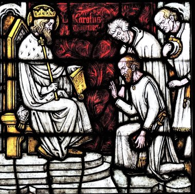 Sockelbild aus dem Bonifatiusfenster in der Basilika St. Peter in Fritzlar (Glasmaler: Fritz Geiges)