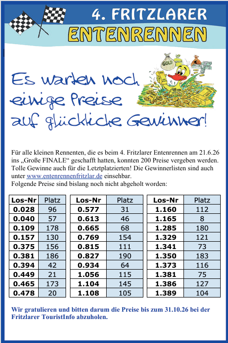 
noch nicht abgeholte Gewinne Entenrennen 2026