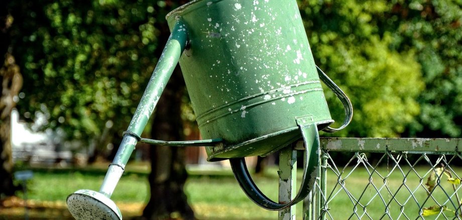 umgedrehte Gießkanne ohne Wasser auf Gartenzaun